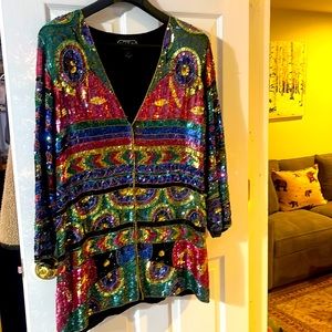 Multi-colored sequins long jacket. XL 100 percent silk.